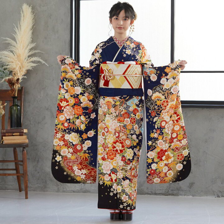 楽天市場】【成人式 振袖 レンタル】RS1451 正絹 紺 流水古典花フル 