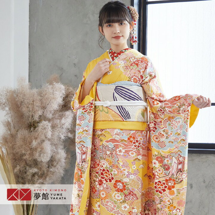 楽天市場】【成人式 振袖 レンタル】RS1479 正絹 黄 平安王朝 花草古典 