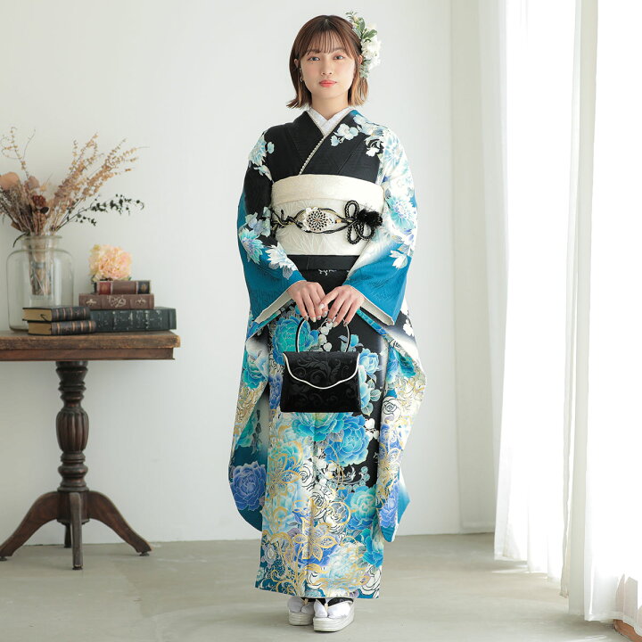 楽天市場】【振袖 レンタル】 結婚式 結納R1497 正絹 白×黒 青い花（絹 