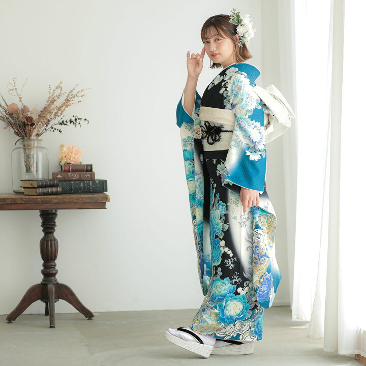 楽天市場】【成人式 振袖 レンタル】RS1497 正絹 白×黒 青い花（絹 