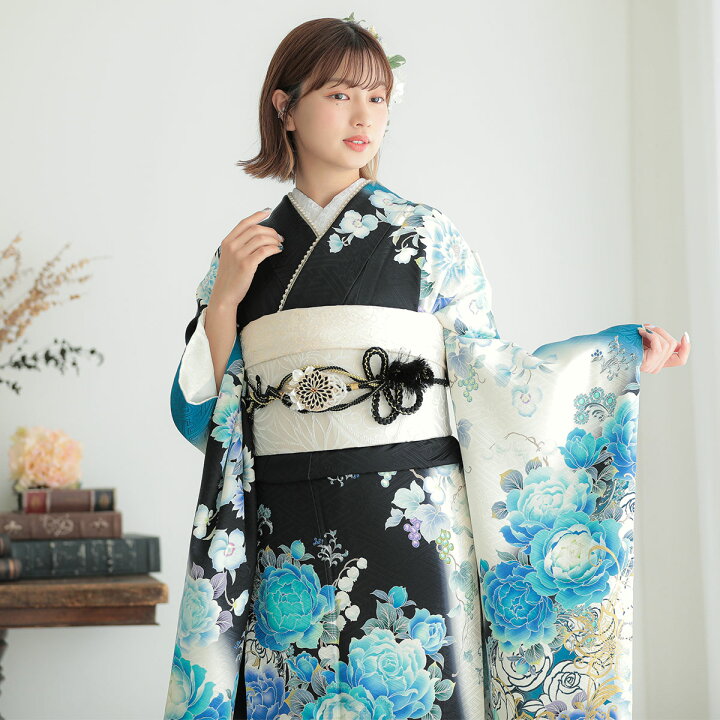 楽天市場】【振袖 レンタル】 結婚式 結納R1497 正絹 白×黒 青い花（絹 