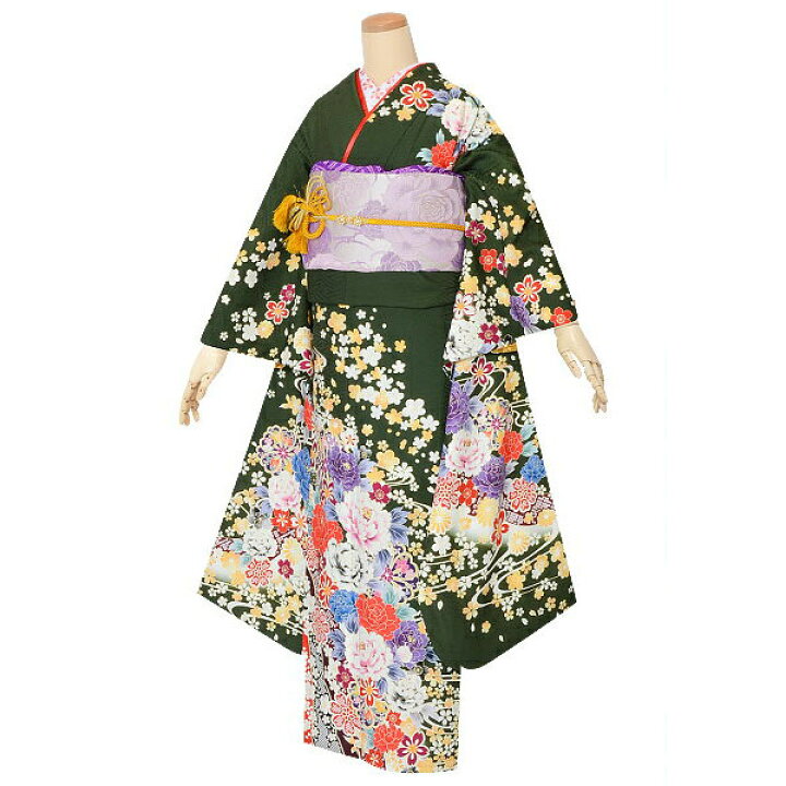 楽天市場】【成人式 振袖 レンタル】RS1505深緑 流水牡丹桜フルセット 