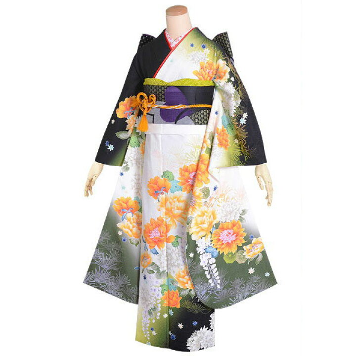 楽天市場】【成人式 振袖 レンタル】RS1515白・緑 オレンジ色の花フル 