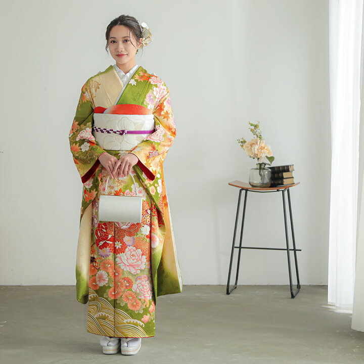 楽天市場】【振袖 レンタル】 結婚式 結納R1529 正絹 黄緑 牡丹に鼓 
