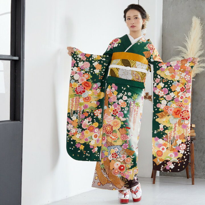 楽天市場】【成人式 振袖 レンタル】RS1533 正絹 深緑 豪華古典熨斗桜 