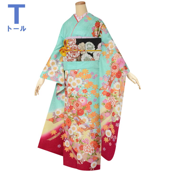 正絹 振袖 型絵染め 青緑系 袷 解き放っ