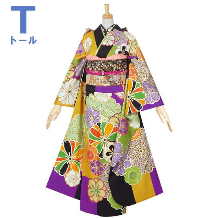 楽天市場】【成人式 振袖 レンタル】RS1561 正絹 黒×紫×金茶×黄緑 菊梅 