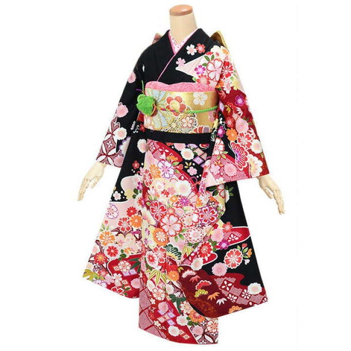 楽天市場】【成人式 振袖 レンタル】RS1590 正絹 黒 雲取に花と毬フル 