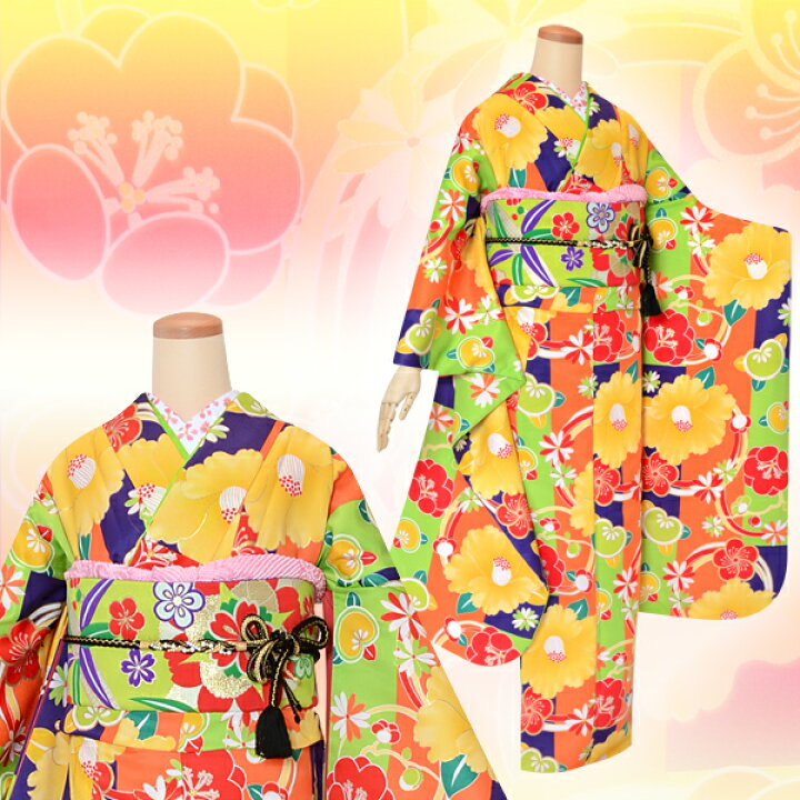 楽天市場】【成人式 振袖 レンタル】RS1597オレンジ×黄緑×紫 椿橘梅菊 