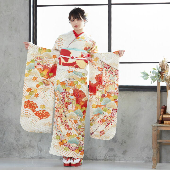 楽天市場】【成人式 振袖 レンタル】RS1625 正絹 白 紅葉 波に貝桶フル 