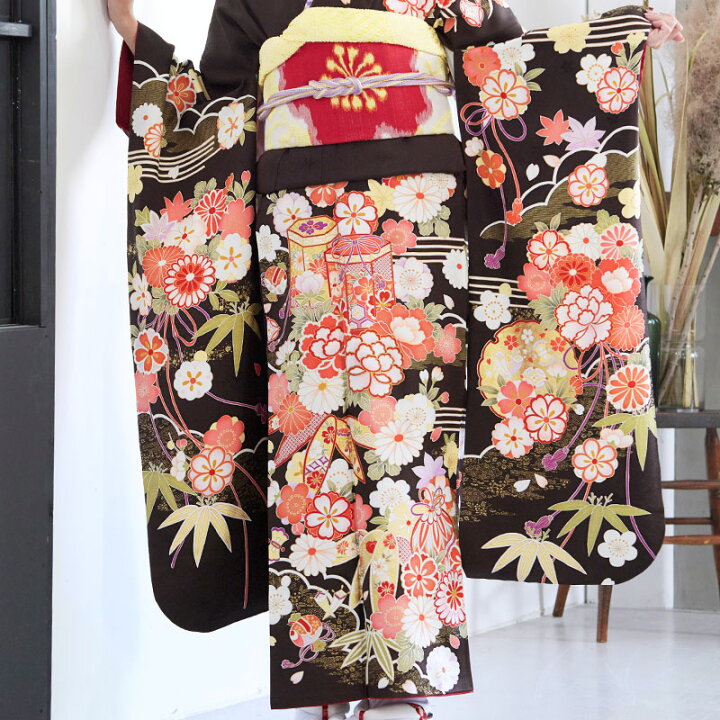 楽天市場】【成人式 振袖 レンタル】RS1650 正絹 黒茶 貝桶に花薬玉  