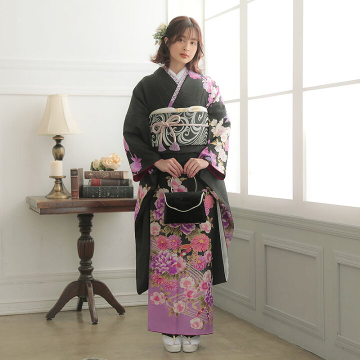 楽天市場】【成人式 振袖 レンタル】RS1651 正絹 黒 牡丹に桜と菊花 