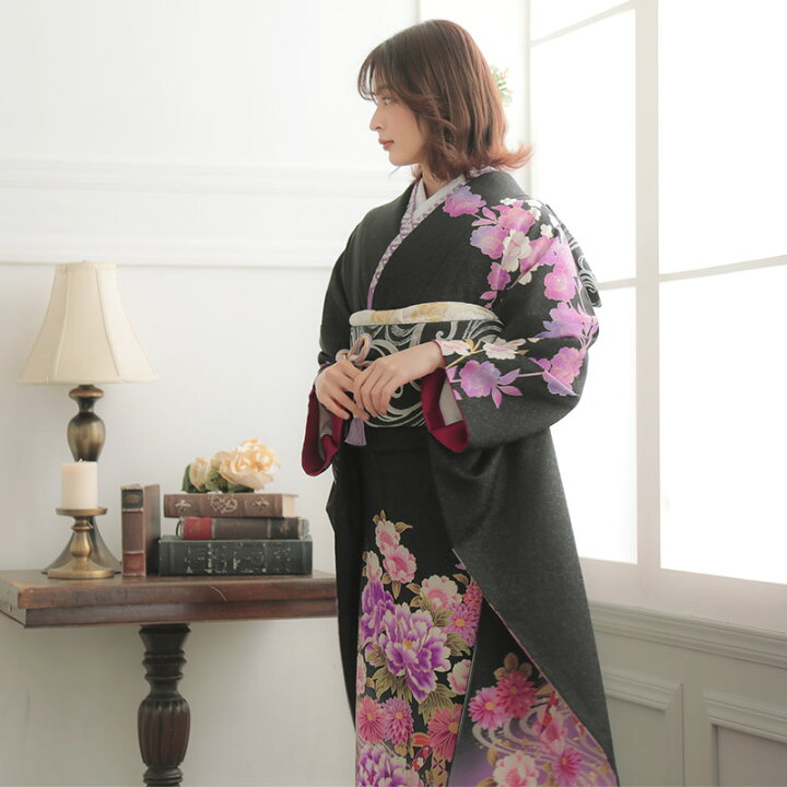 楽天市場】【成人式 振袖 レンタル】RS1651 正絹 黒 牡丹に桜と菊花  