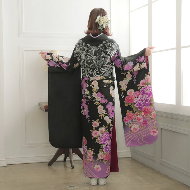 楽天市場】【成人式 振袖 レンタル】RS1651 正絹 黒 牡丹に桜と菊花 