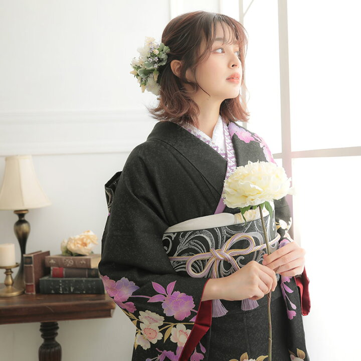 楽天市場】【成人式 振袖 レンタル】RS1651 正絹 黒 牡丹に桜と菊花 