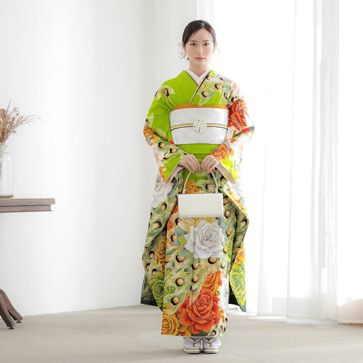 楽天市場】【振袖 レンタル】 結婚式 結納R1723 正絹 黄緑 バラと孔雀 