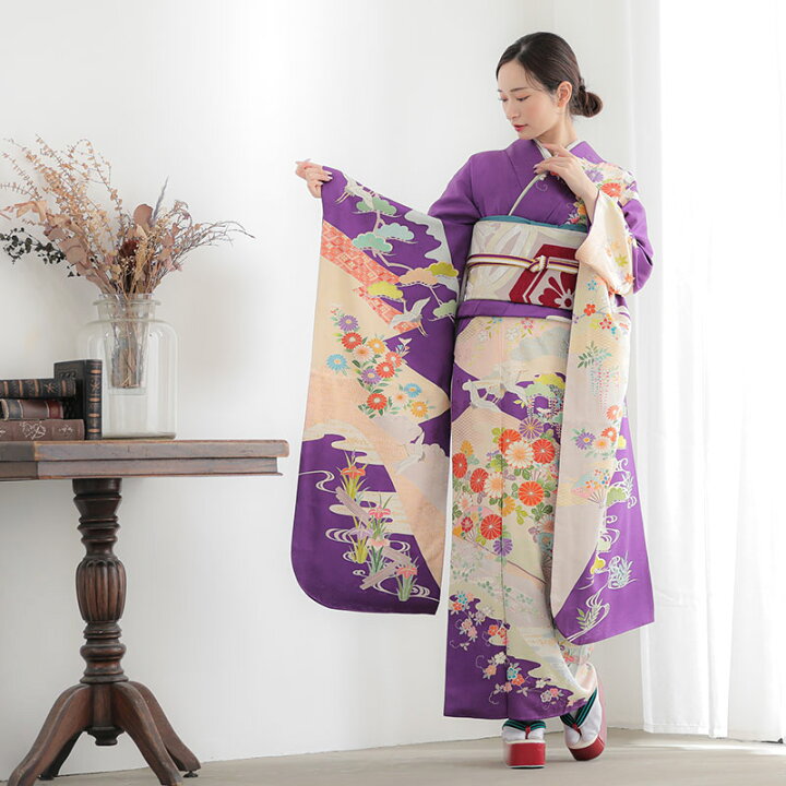楽天市場】【成人式 振袖 レンタル】RS1738 正絹 紫 花に飛鶴と扇（絹 