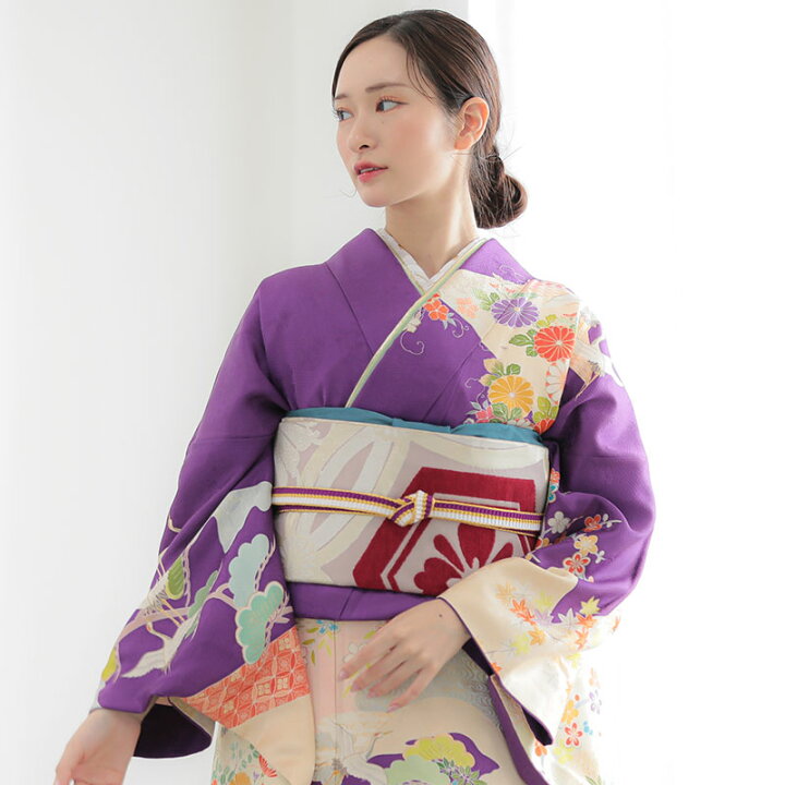 美品 成人式 振袖 フルセット 正絹 紫地 150cm~160cm用【307】 楽天 