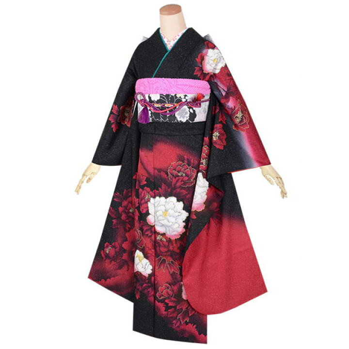 楽天市場】【振袖 レンタル】 結婚式 結納R1744 正絹 黒赤 牡丹花（絹  