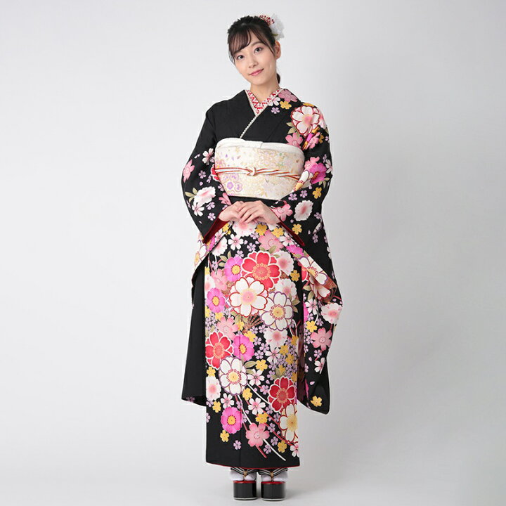 振袖セット 黒系 点てる たたき染に桜や梅やもみじの古典