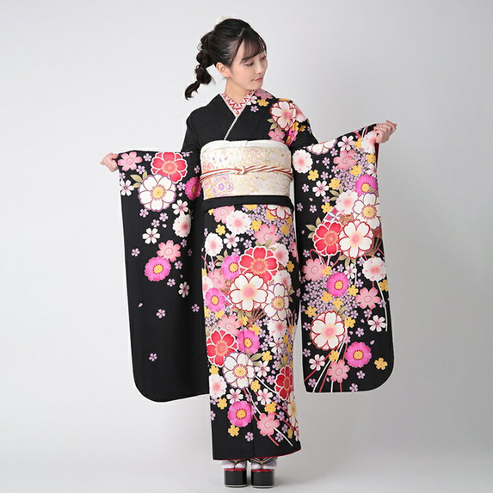 超美品 正絹 現代振袖 成人式 着物 正絹 169 トールサイズ 黒桜 