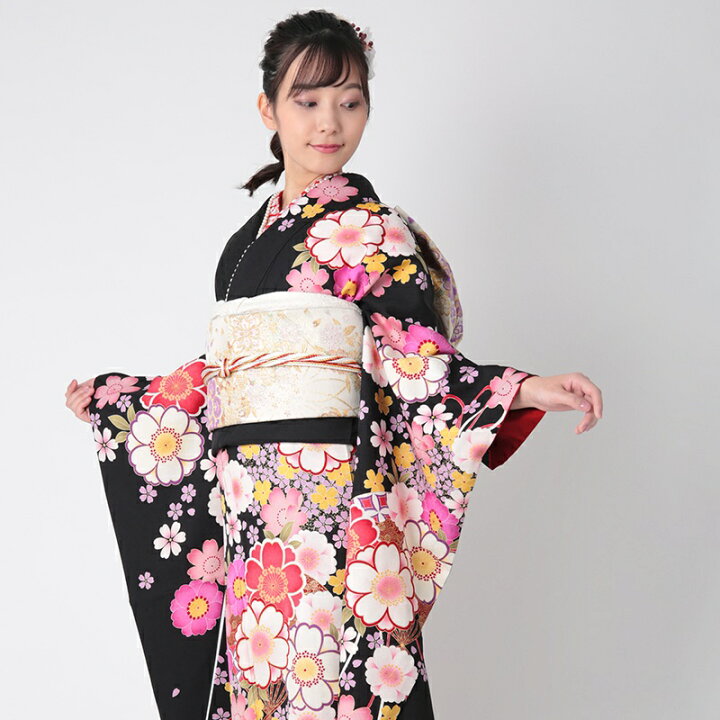 楽天市場】〔成人式 振袖 レンタル〕RS1792 正絹 黒 扇桜（絹）フル 