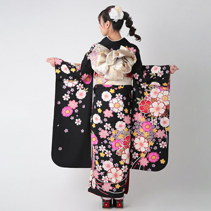 楽天市場】〔成人式 振袖 レンタル〕RS1792 正絹 黒 扇桜（絹）フル 