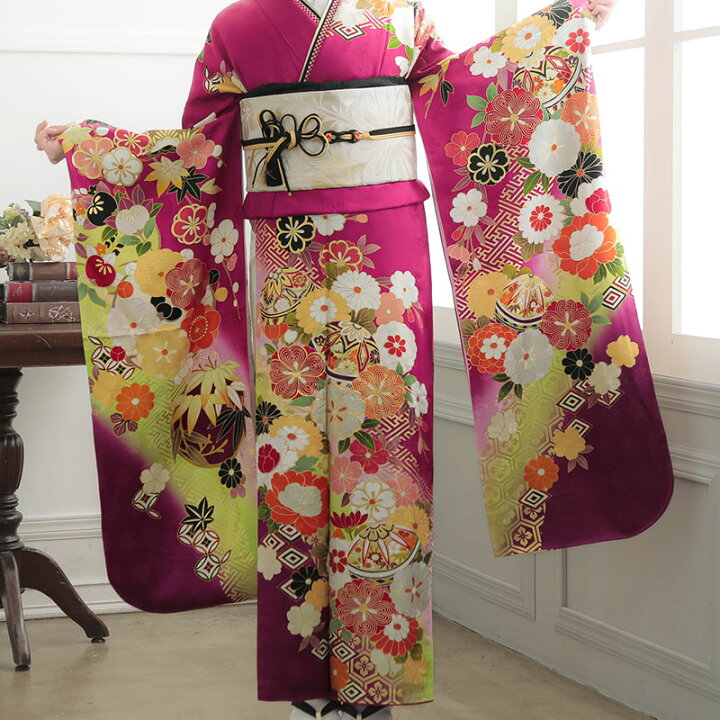 楽天市場】【成人式 振袖 レンタル】RS1813 正絹 赤紫×白 毬に桜菊梅松 