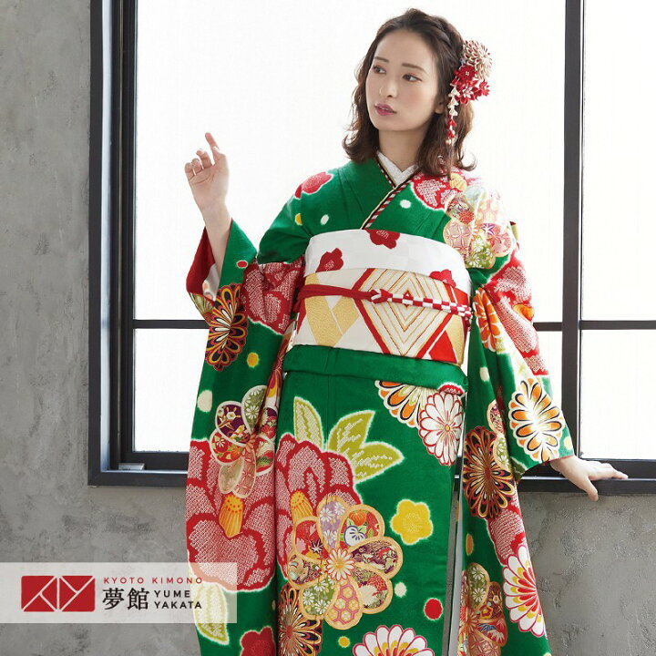 楽天市場】【振袖 レンタル】 結婚式 結納R1829 正絹 緑 紅椿に菊梅 