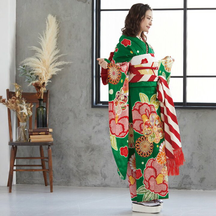 楽天市場】【成人式 振袖 レンタル】RS1829 正絹 緑 紅椿に菊梅フル 