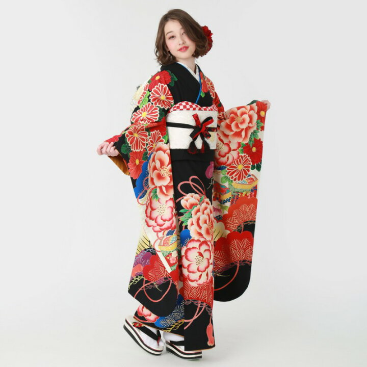 楽天市場】【成人式 振袖 レンタル】RS1886黒 牡丹に松貝桶 Xmiss フル 