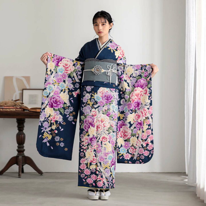楽天市場】【成人式 振袖 レンタル】RS1908 正絹 鉄紺 牡丹に水仙フル 