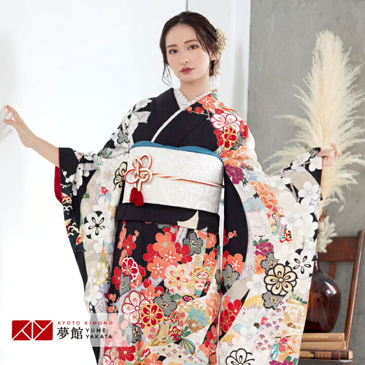 楽天市場 振袖 レンタル 結婚式 結納r1940黒 梅に蔓帯と地紙 振袖 レンタル フルセット ふりそで 振袖セット 振り袖 結婚式 披露宴 親族 卒業式 パーティー 結納 着物レンタル 貸衣装 女性 和服 往復送料無料 京都着物レンタル夢館