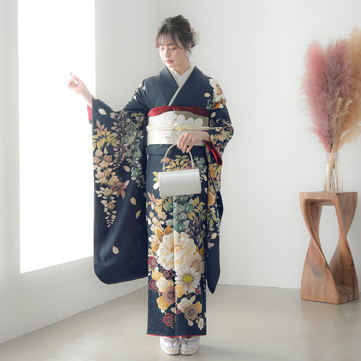 楽天市場】【成人式 振袖 レンタル】RS1956 正絹 黒紺 牡丹と藤花 Dear  