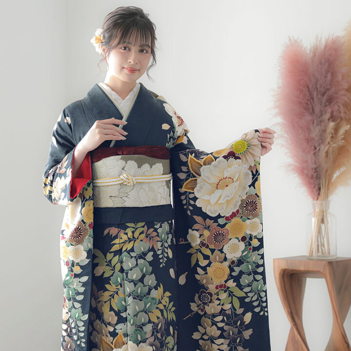 楽天市場】【成人式 振袖 レンタル】RS1956 正絹 黒紺 牡丹と藤花 Dear ☆振袖-未仕立-New45--在庫処分-8/15迄 特別割引実施中‼