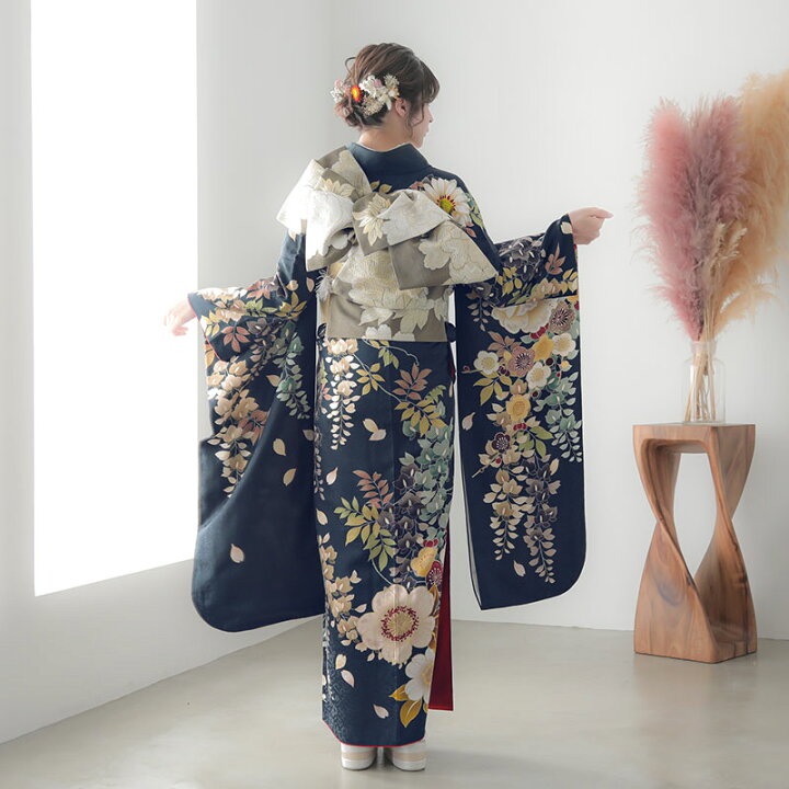 楽天市場】【成人式 振袖 レンタル】RS1956 正絹 黒紺 牡丹と藤花 Dear 