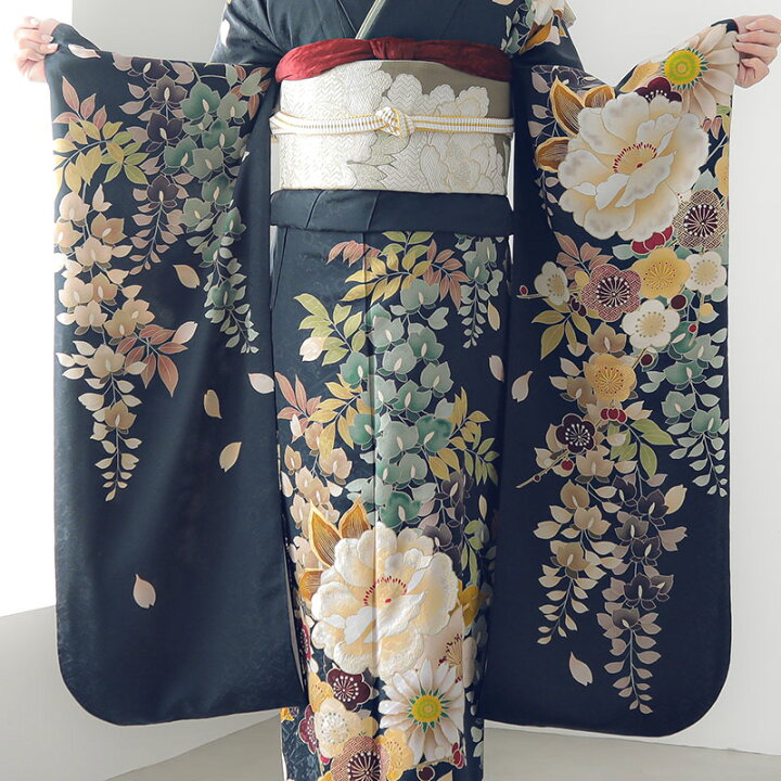 楽天市場】【成人式 振袖 レンタル】RS1956 正絹 黒紺 牡丹と藤花 Dear