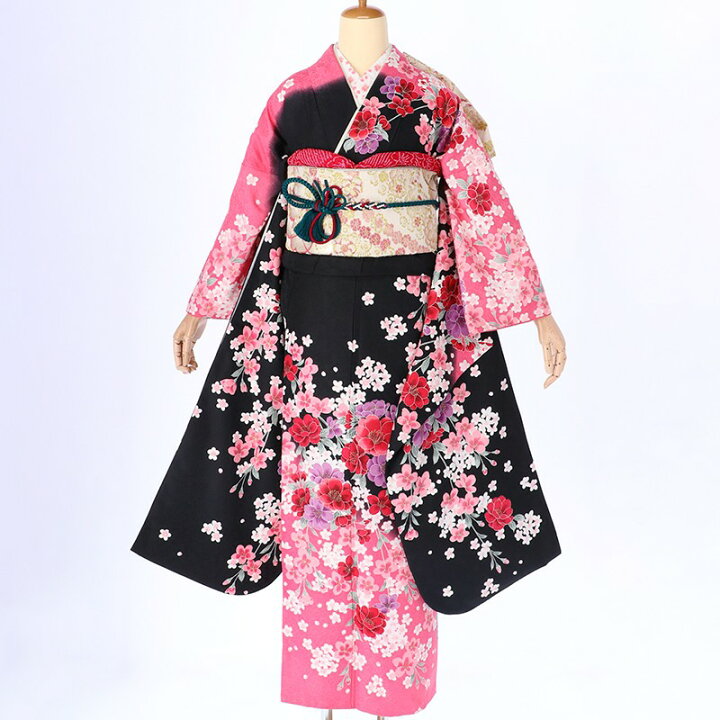 楽天市場】【成人式 振袖 レンタル】RS296黒 ピンクぼかし 玉桜フル 