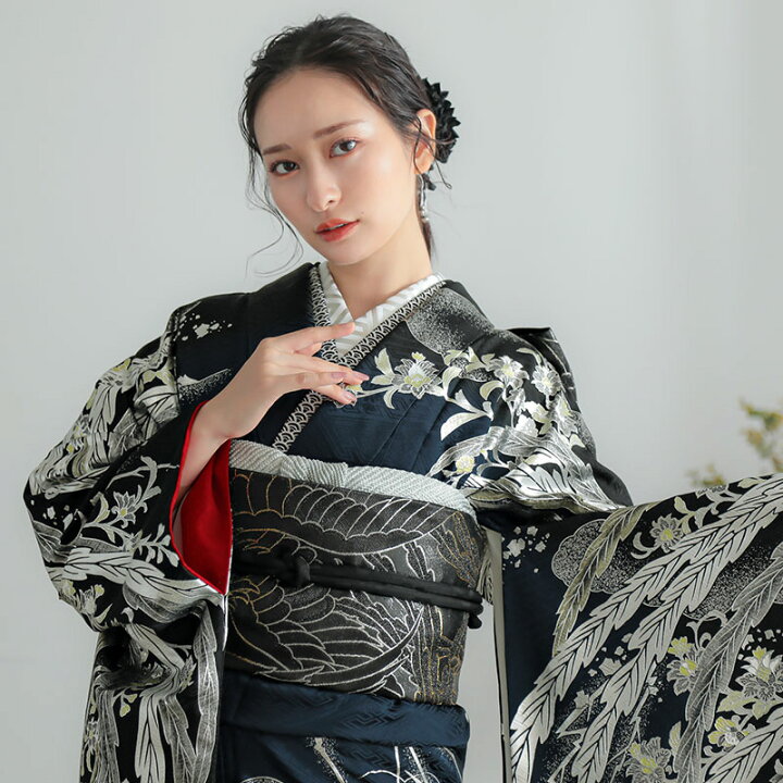良好◇振袖6点セット165.5cm正絹総絞り黒ブラック系フルセット
