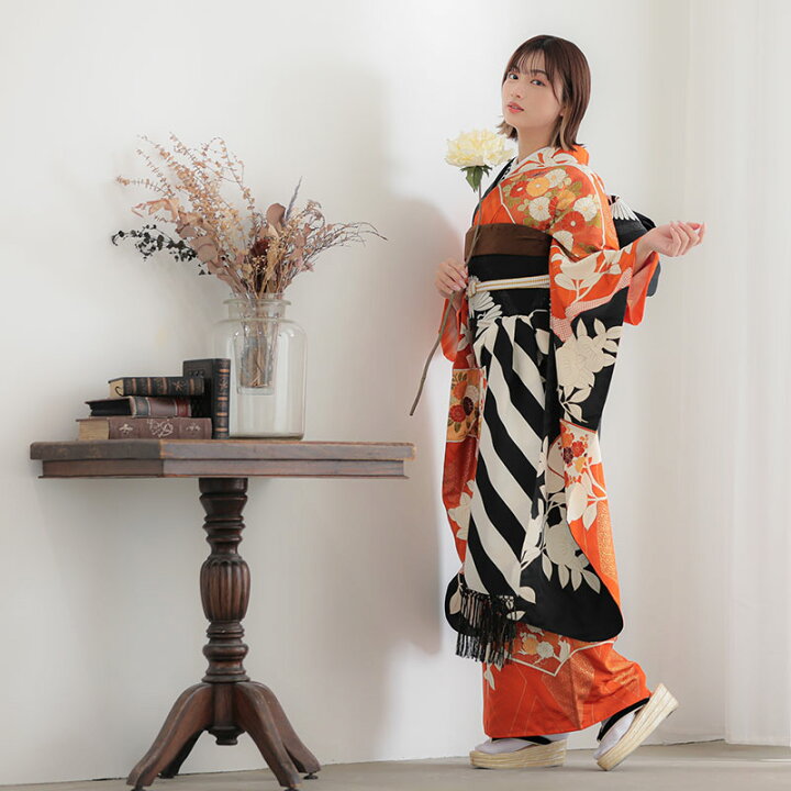 楽天市場】【振袖 レンタル】 結婚式 結納R2027 正絹 オレンジ×黒 扇面 