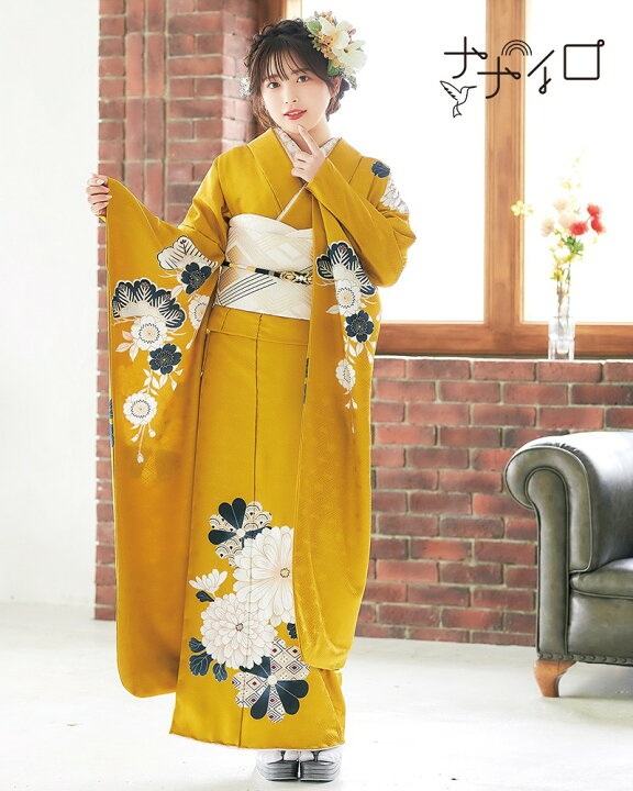 からし色のシックな椿と菊の振袖フルセット 