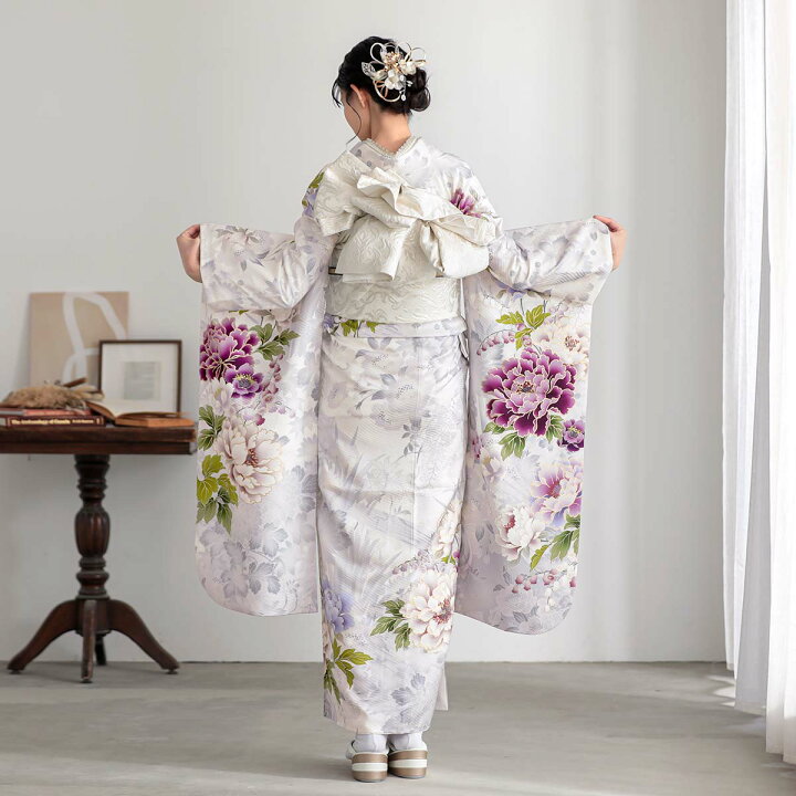 成人振袖 正絹着物 白 ピンク 紫 花柄