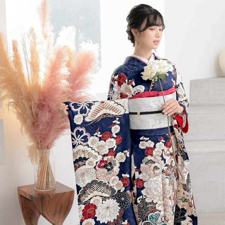 振袖 正絹 青 やじろ 碧 藍色 花 牡丹彼岸花蝶々菊 5点セット 24-