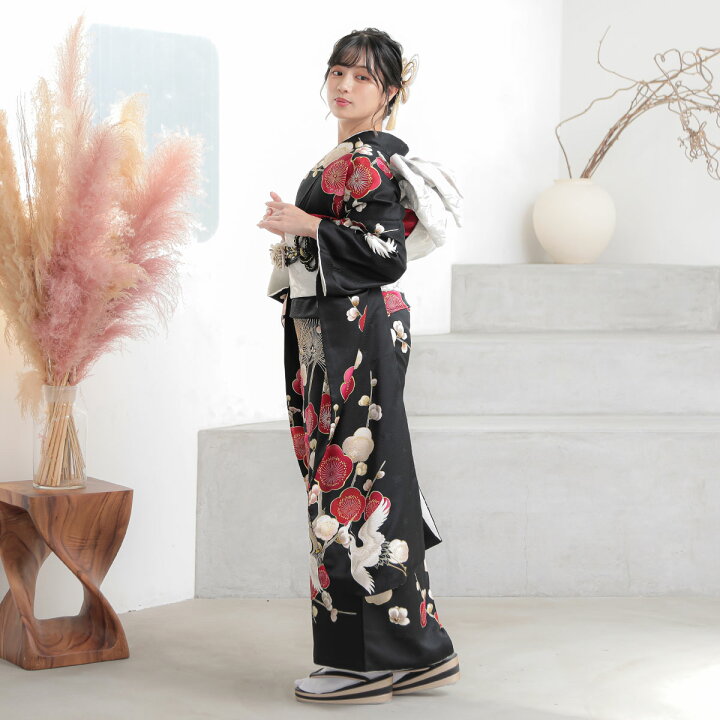 楽天市場】【振袖 レンタル】 結婚式 結納R2089 正絹 黒 松梅に鶴 振袖 