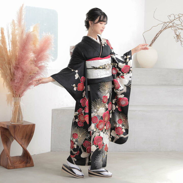 楽天市場】【振袖 レンタル】 結婚式 結納R2089 正絹 黒 松梅に鶴 振袖 