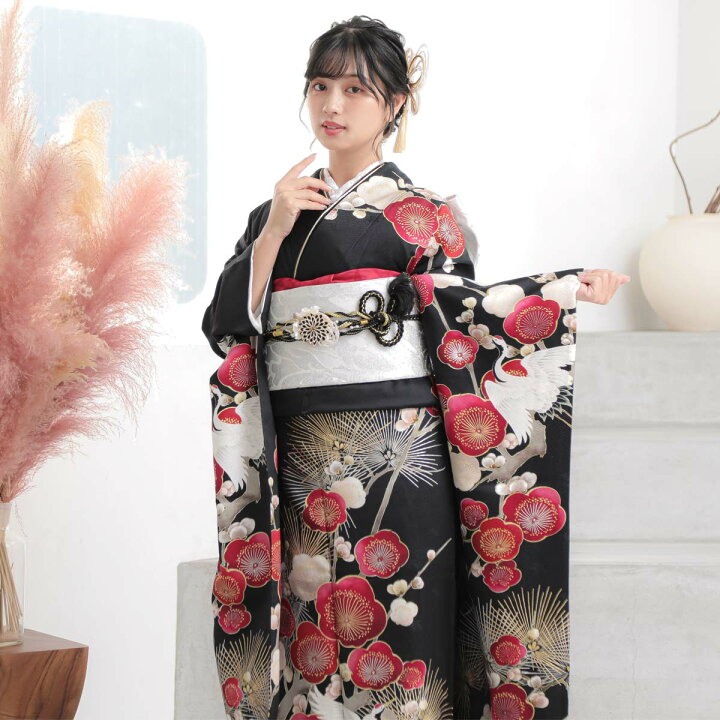 楽天市場】【振袖 レンタル】 結婚式 結納R2089 正絹 黒 松梅に鶴 振袖 