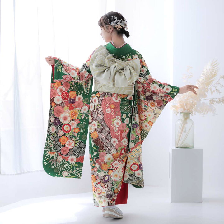 楽天市場】【成人式 振袖 レンタル】RS2096 正絹 緑 雪輪に流水花フル 