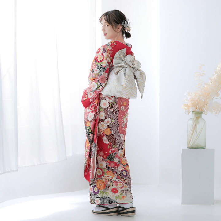 楽天市場】〔成人式 振袖 レンタル〕RS2097 正絹 赤 毬に桜菊雪輪（絹 