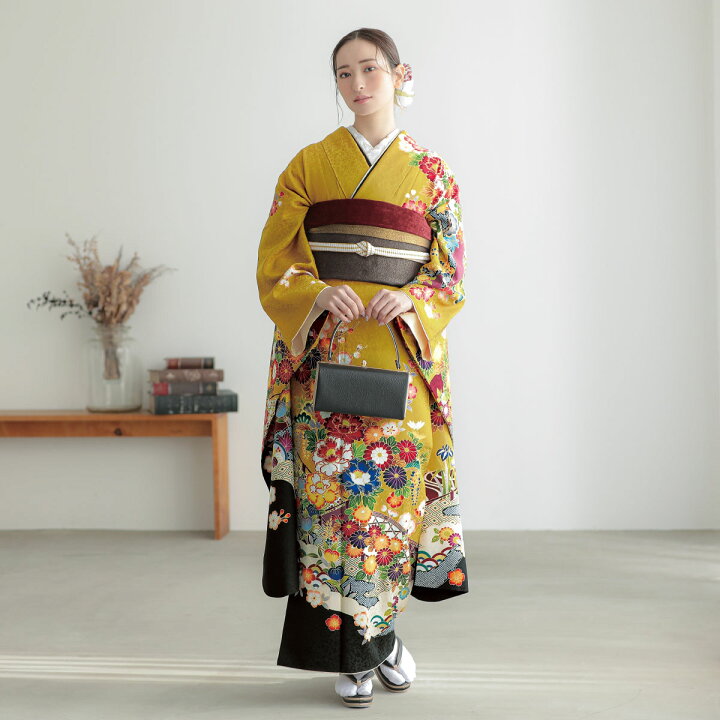 衣装 山吹色 着物 卒業式 振袖 レンタル 結婚式 結納R2112 正絹 山吹色 