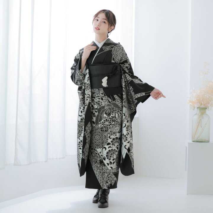 楽天市場】【振袖 レンタル】 結婚式 結納R2115 正絹 黒 銀箔華文鳳凰 